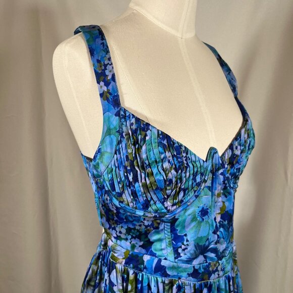 FOR LOVE & LEMONS Astor Midi Dress Blue Floral Sz L Pleated Bust Lace Up Back - Picture 8 of 16